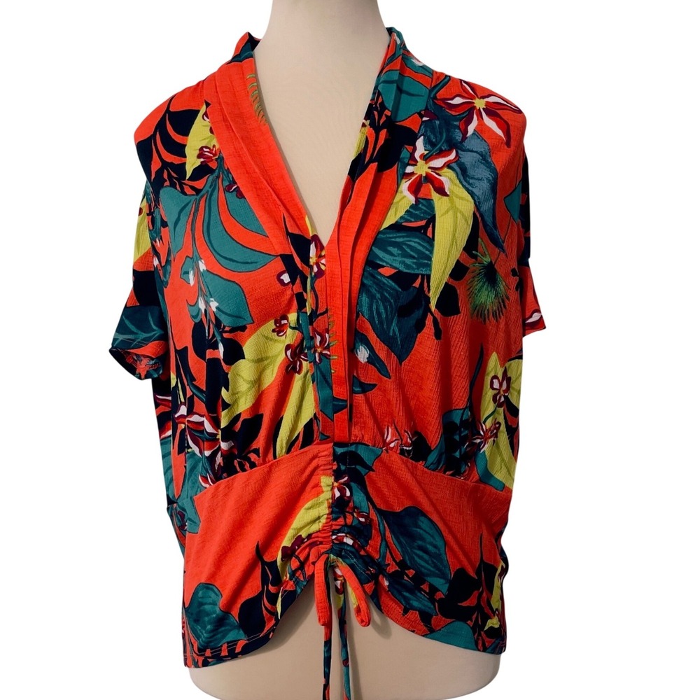 INC International Concepts Top XL Orange Floral Ruched Front V-Neck Blouse